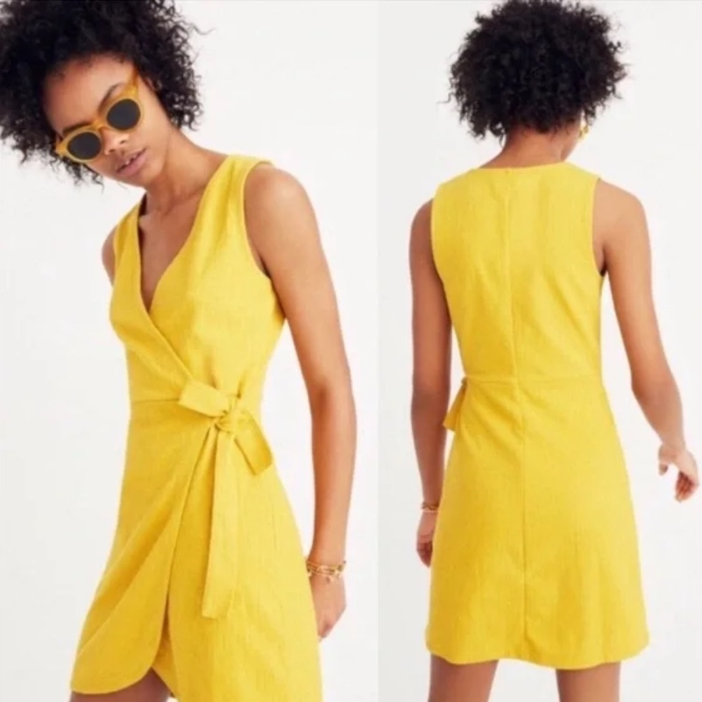 Madewell Golden Yellow Crosshatch Faux Wrap Sleeveless Mini Dress, size XXS